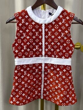 Authentic Louis Vuitton Red and White Monogram Peplum Top
